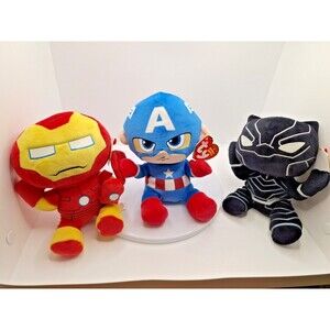 Lot 3 Ty Beanie Babies Plush‎ Marvel Black Panther Iron Man Captain America New
